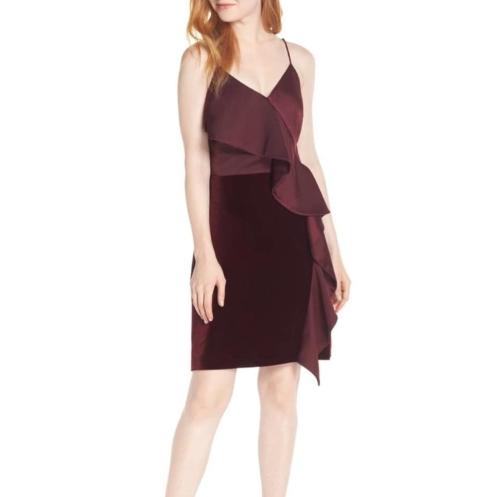 Ruffle Front Stretch Velvet Maroon Burgundy Dress